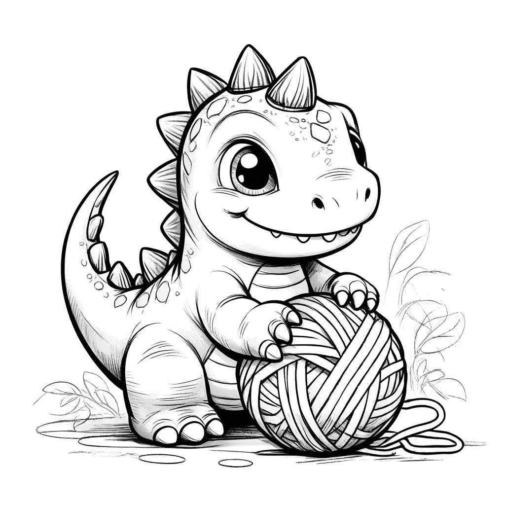 Adorable dinosaurio jugando con un ovillo de lana con sus patas delanteras