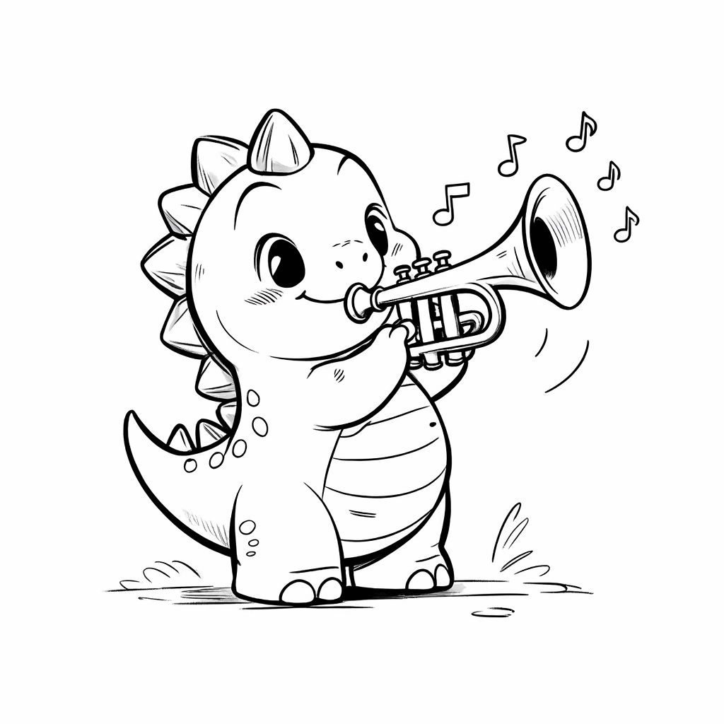 ぽっちゃりした小さな恐竜が楽しそうにトランペットを吹き、リズムに合わせてしっぽを揺らしている