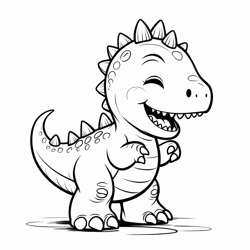 Um dinossaurinho rechonchudo está arrumando os espinhos das costas com as patas dianteiras, com a cauda erguida feliz