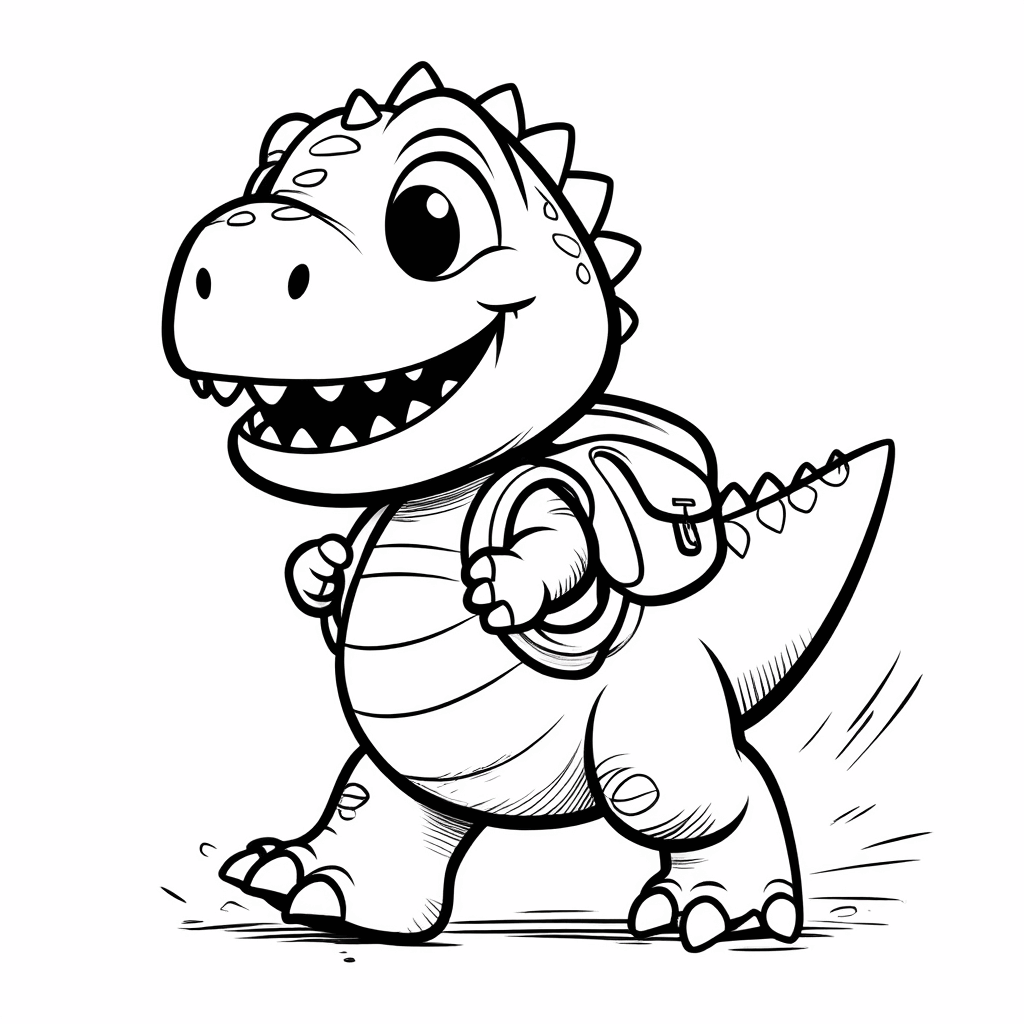 Кругленький динозаврик с рюкзаком за спиной весело шагает вперёд