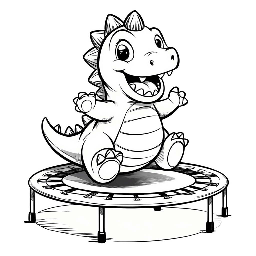 ぽっちゃりした小さな恐竜がトランポリンで楽しそうに跳び、前足を広げ、しっぽをピンと立てている