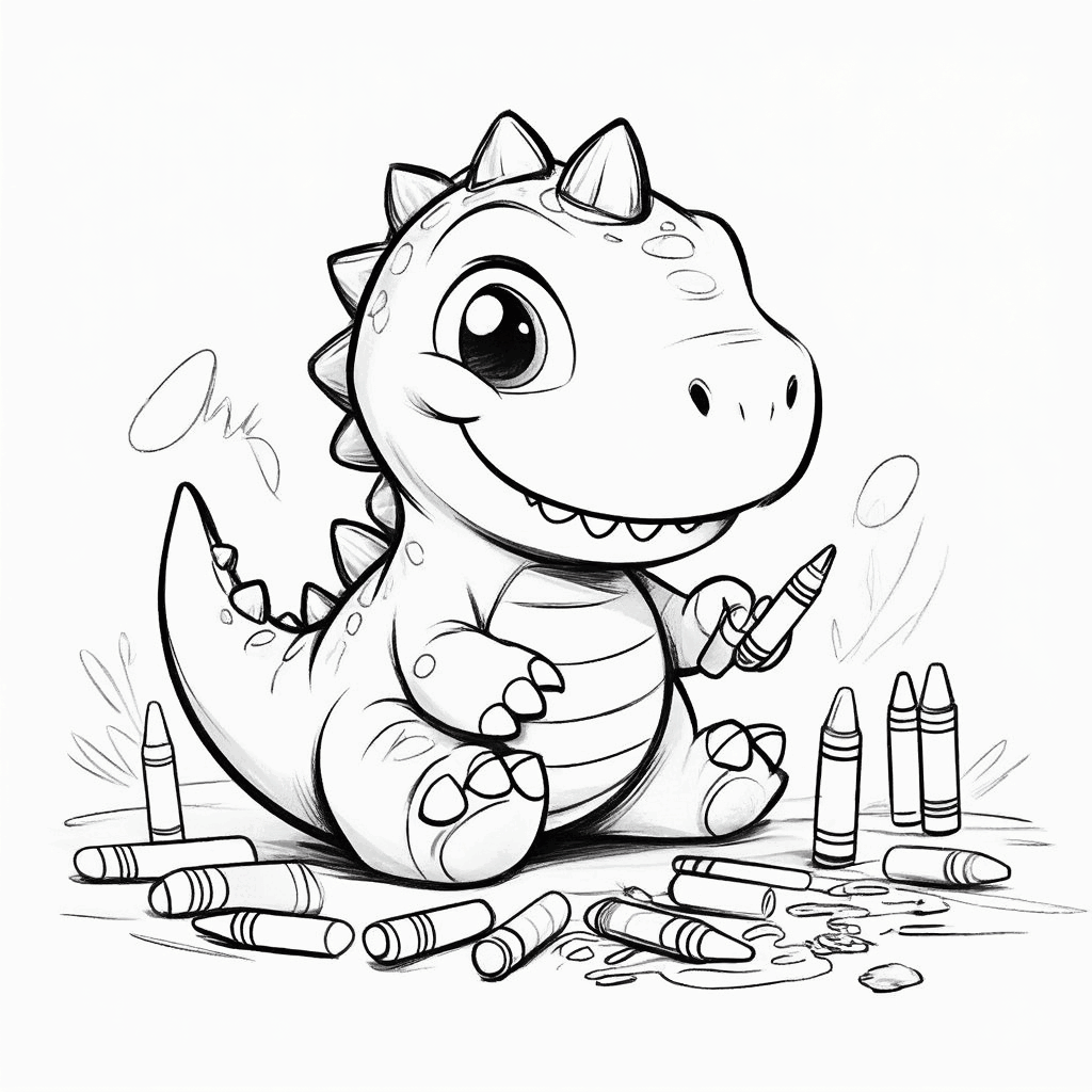 Um adorável dinossauro sentado no chão, organizando lápis de cor por cores com atenção