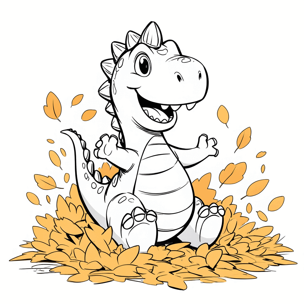 노란 낙엽 더미에서 신나게 뒹굴며 꼬리를 높이 치켜든 동글동글한 작은 공룡