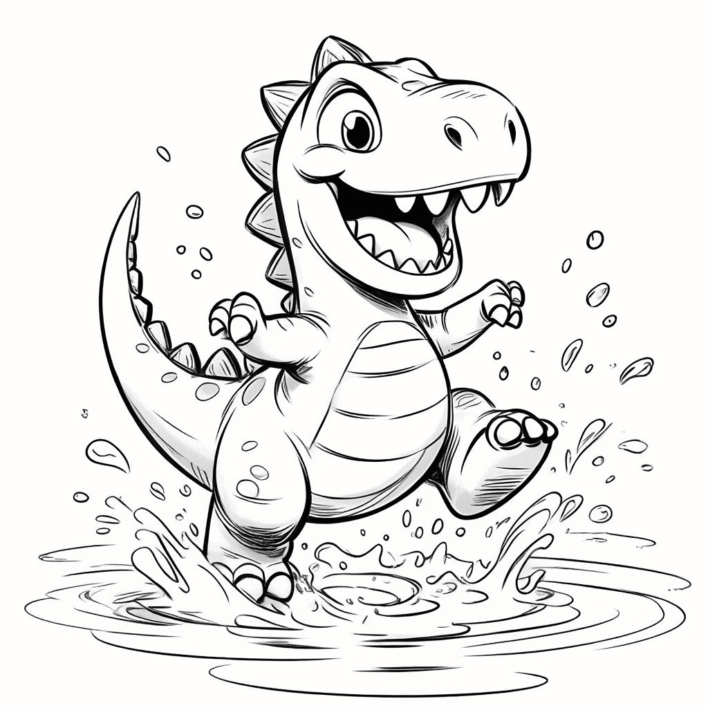 楽しそうな小さな恐竜が水たまりで跳ね回り、水しぶきを上げ、しっぽをピンと立てている