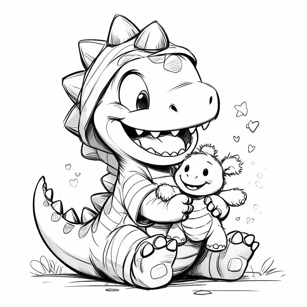 Um dinossaurinho de pijama listrado, sorrindo feliz enquanto abraça um bicho de pelúcia