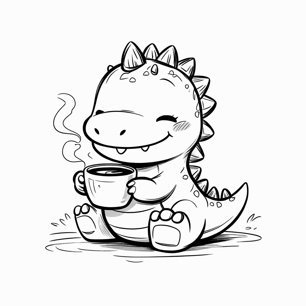 ぽっちゃりした小さな恐竜が前足でホットココアを抱え、嬉しそうに目を細めている