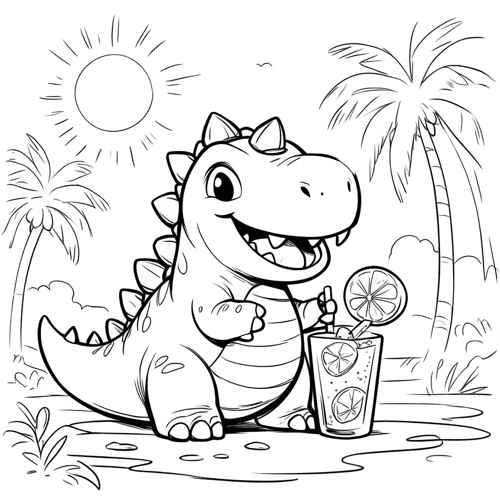 Un petit dinosaure rondouillard tenant un verre, buvant joyeusement de la limonade, avec un fond de soleil et palmiers