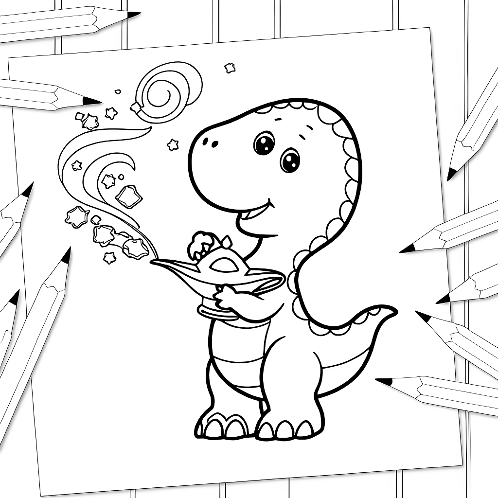 可愛い恐竜が前足で光る魔法のランプを抱え、首をかしげて興味深そうに見ている