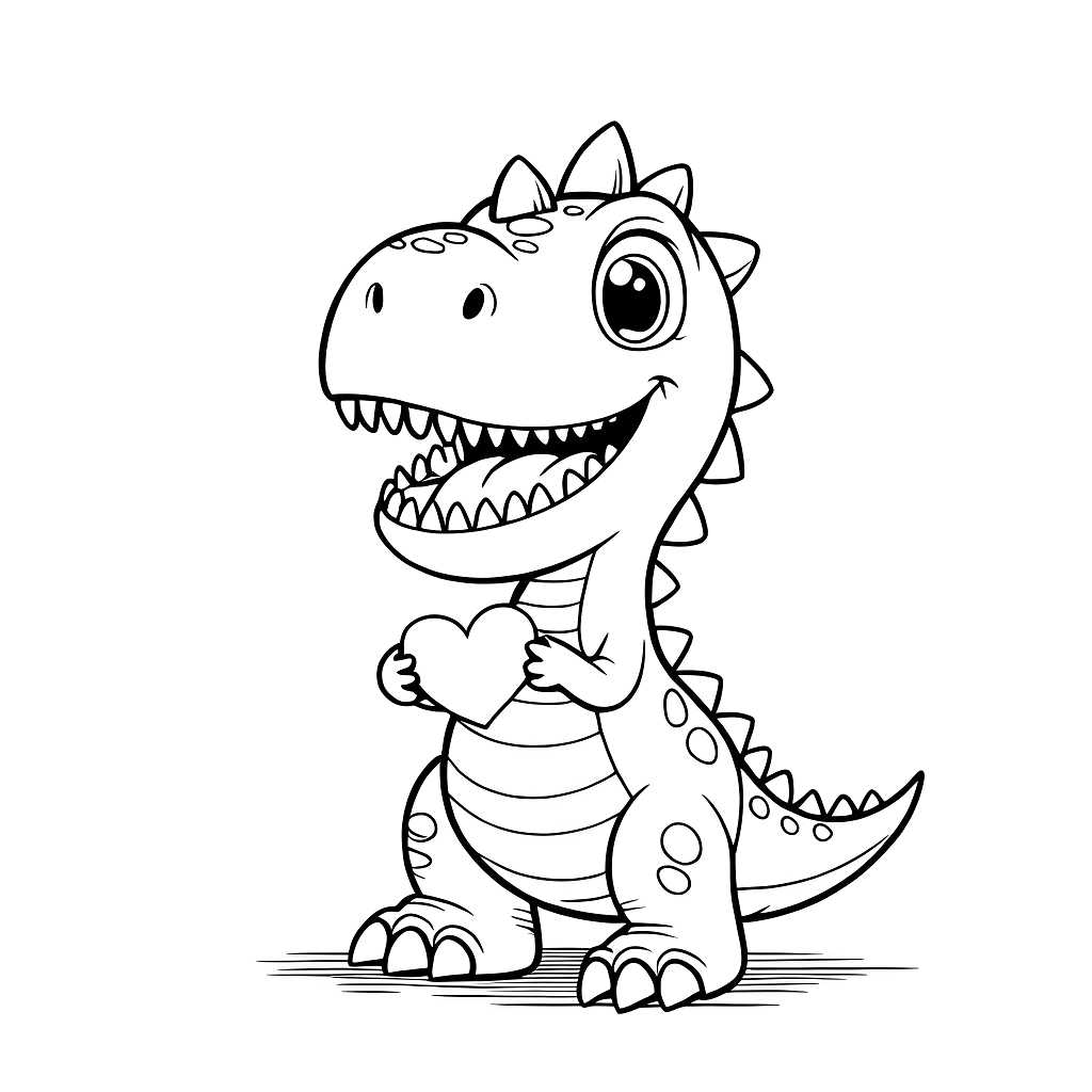 Un adorable petit dinosaure lève une carte de Saint-Valentin en forme de cœur, la queue dressée