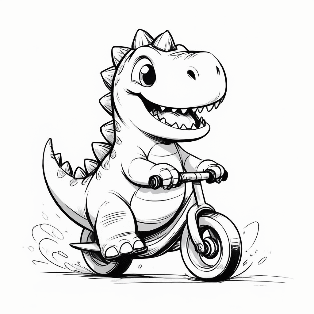 Ein niedlicher kleiner Dinosaurier fährt auf einem Hoverboard, die Vorderpfoten am Lenker, der Schwanz ist erhoben