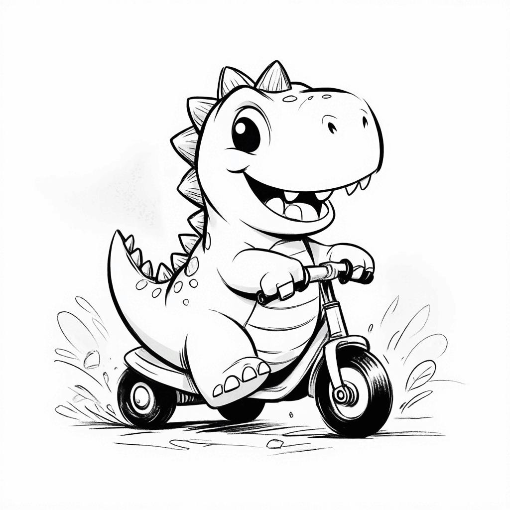 Ein rundlicher kleiner Dinosaurier fährt fröhlich auf einem roten Dreirad, der Schwanz ist hoch aufgestellt