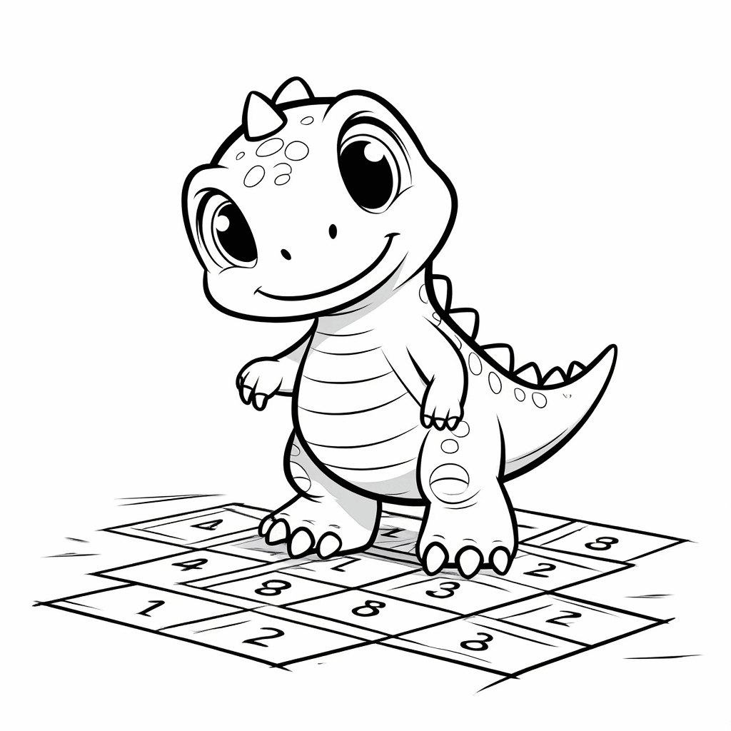 ぽっちゃりした小さな恐竜が片足で立ち、楽しそうにケンケンパをしている