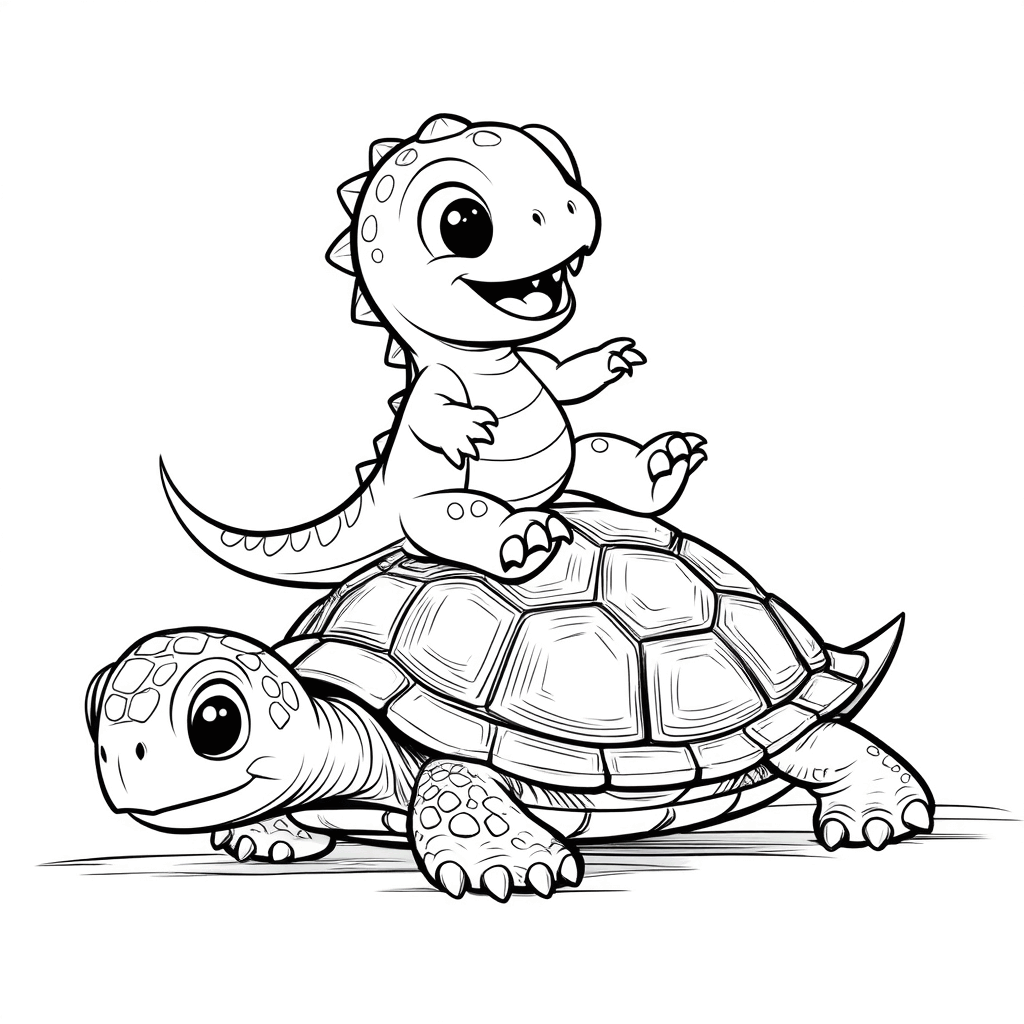Um adorável dinossaurozinho feliz monta nas costas de uma tartaruga que se move lentamente