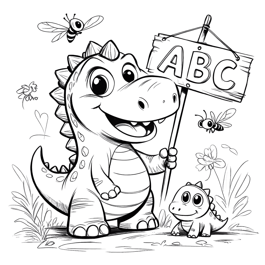 愛らしい小さな恐竜がABCの文字カードを掲げ、好奇心旺盛な小さな虫たちに囲まれている