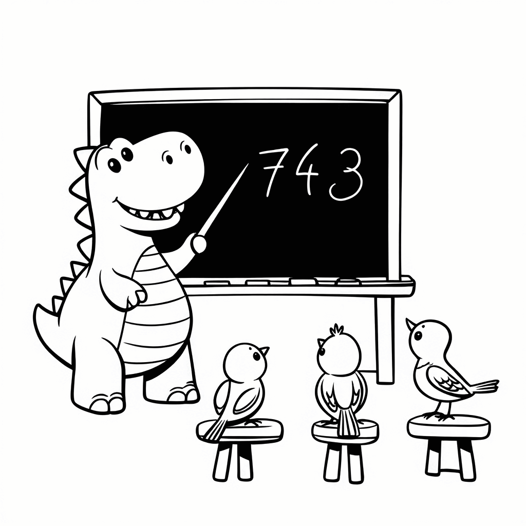 통통한 작은 공룡이 칠판 앞에 서서 발톱으로 숫자를 가리키며, 세 마리 새가 곁에서 열심히 듣고 있는 모습