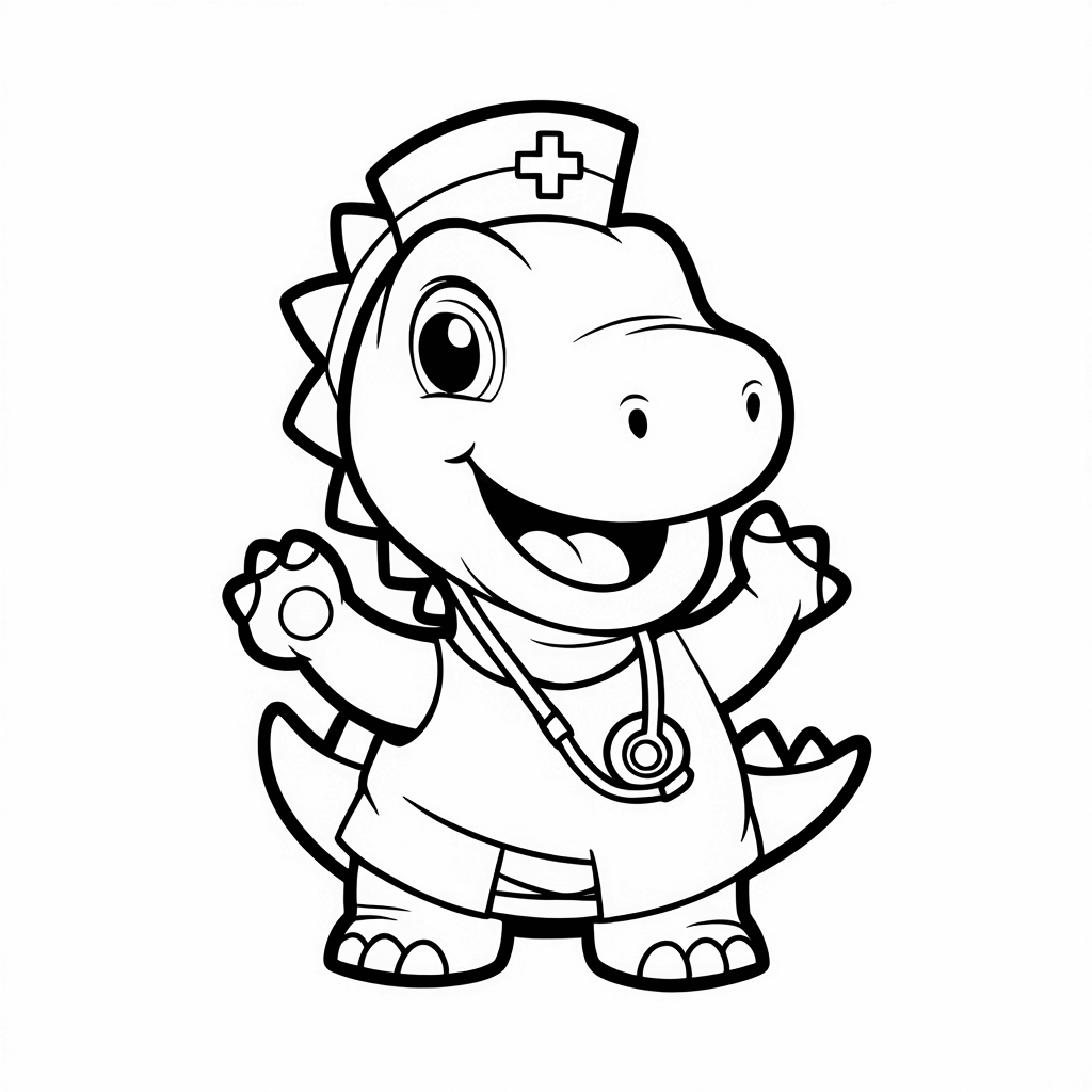 ديناصور صغير لطيف يرتدي زي الممرضة، ويحمل سماعة طبية، يلوح بفرح