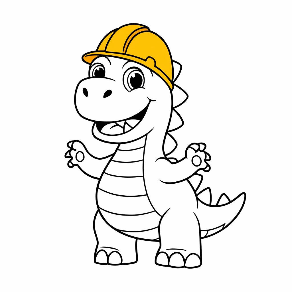 黄色いヘルメットをかぶった小さな恐竜が、嬉しそうに小さな前足を上げている