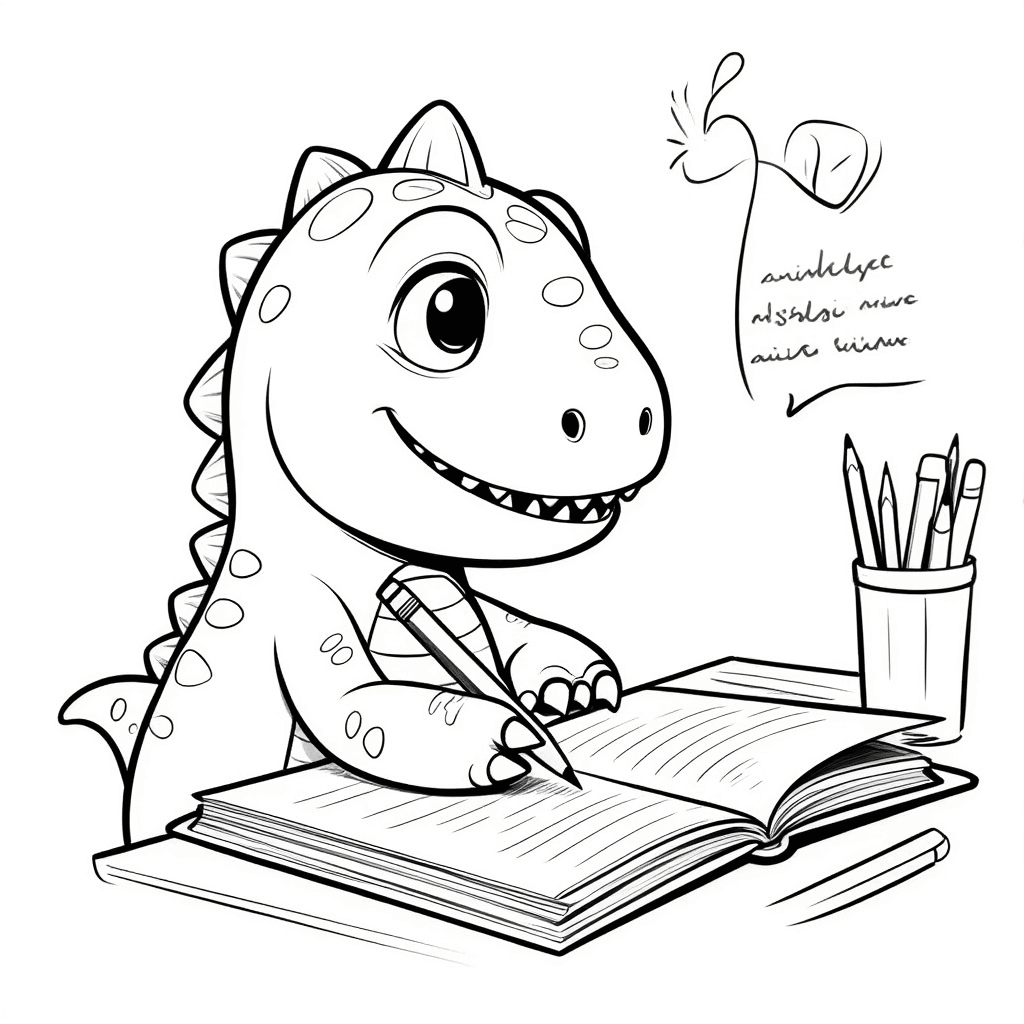 ديناصور صغير لطيف يجلس على الطاولة، ويمسك بقلم بمخالبه ليكتب مذكراته بجدية