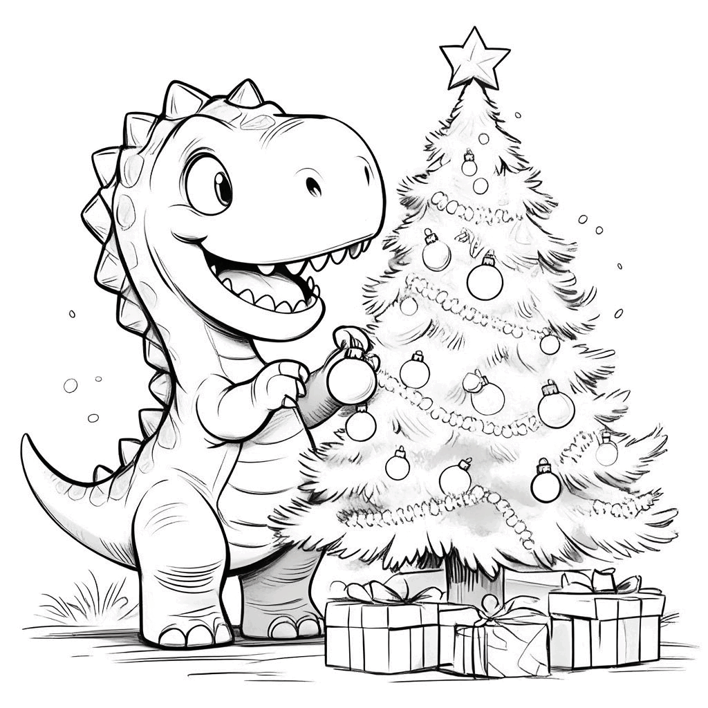 つま先立ちで前足を使ってクリスマスツリーに飾り玉をかけている小さな恐竜