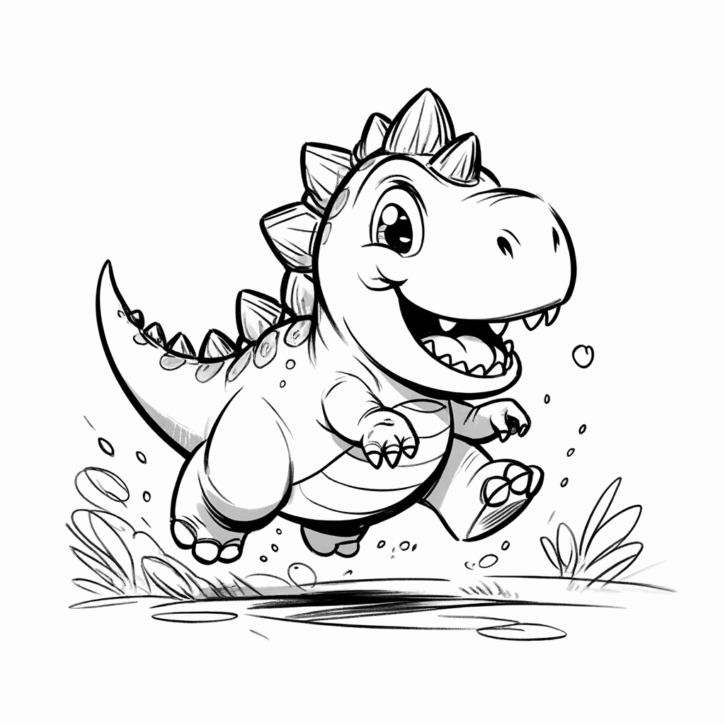 Ein niedliches Dinosaurierchen hüpft hinter einem Artgenossen her, mit ausgebreiteten kurzen Pfoten und aufgestelltem Schwanz