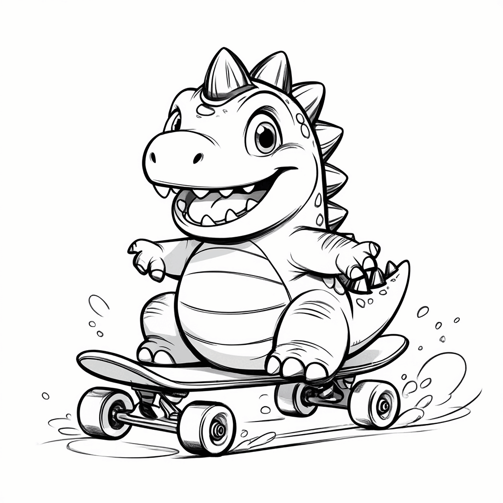 Кругленький динозаврик в защитной экипировке радостно катается на самокате