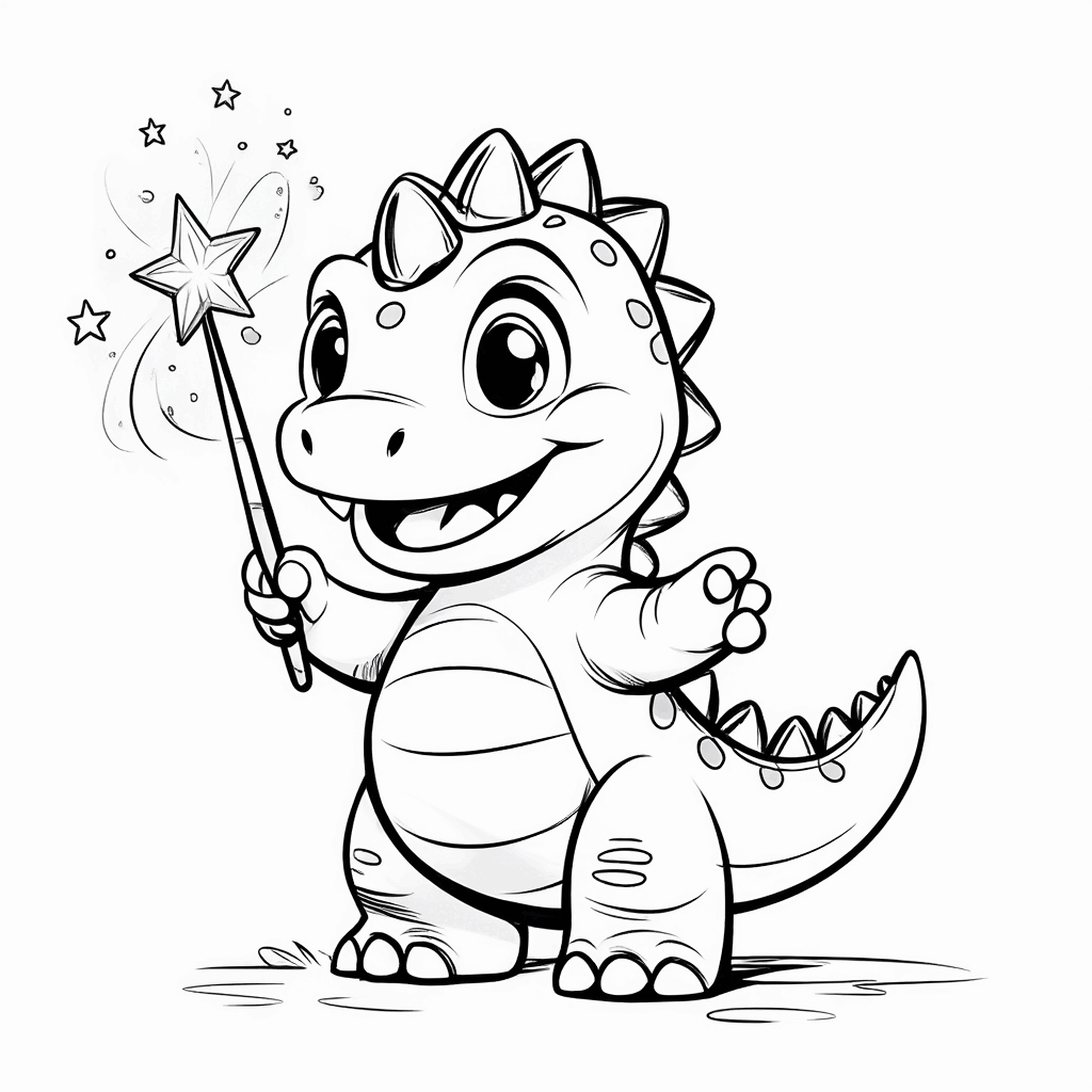 魔法の杖を振る小さな恐竜が、丸い目をしてつま先立ちで嬉しそうにしている