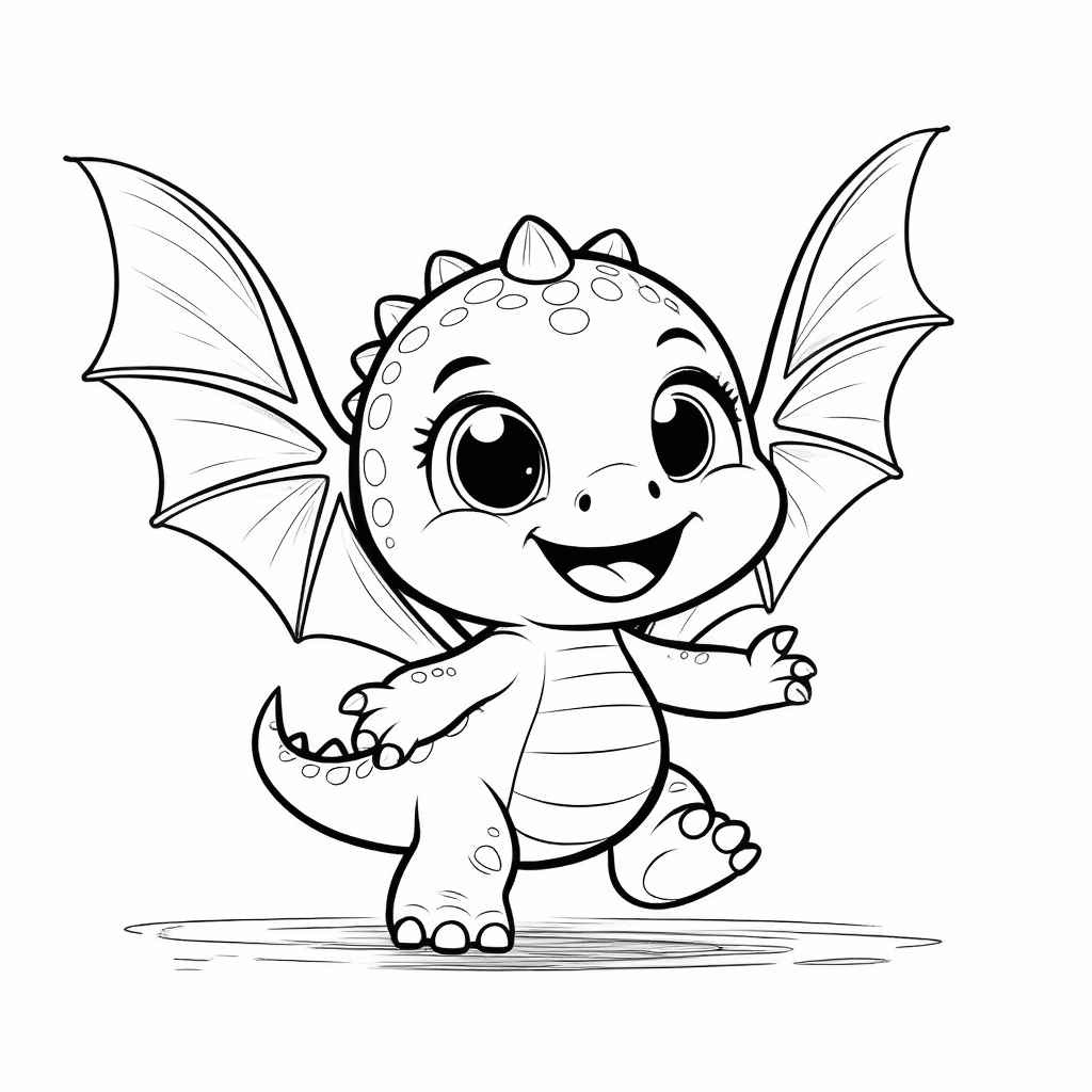 丸々とした小さな恐竜が透明な羽根を持ち、嬉しそうにつま先立ちしている