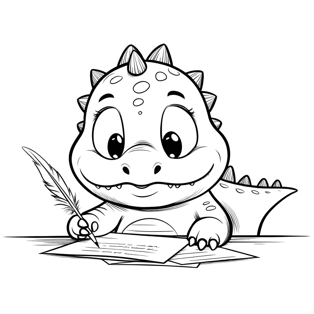 Un petit dinosaure trop mignon assis à une table, tenant une plume avec ses griffes et écrivant attentivement une lettre