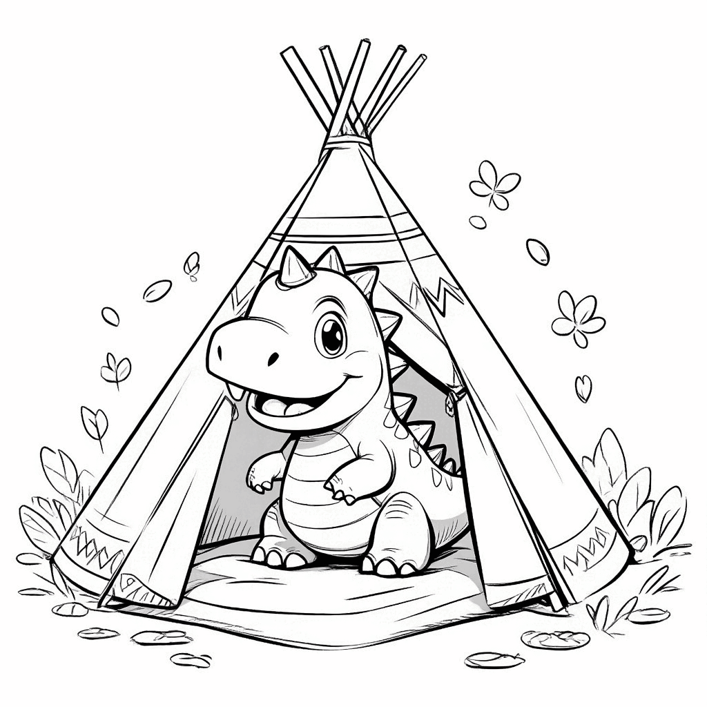 작은 공룡이 담요로 텐트를 만들고 있으며, 즐겁게 담요 한쪽을 들고 있다