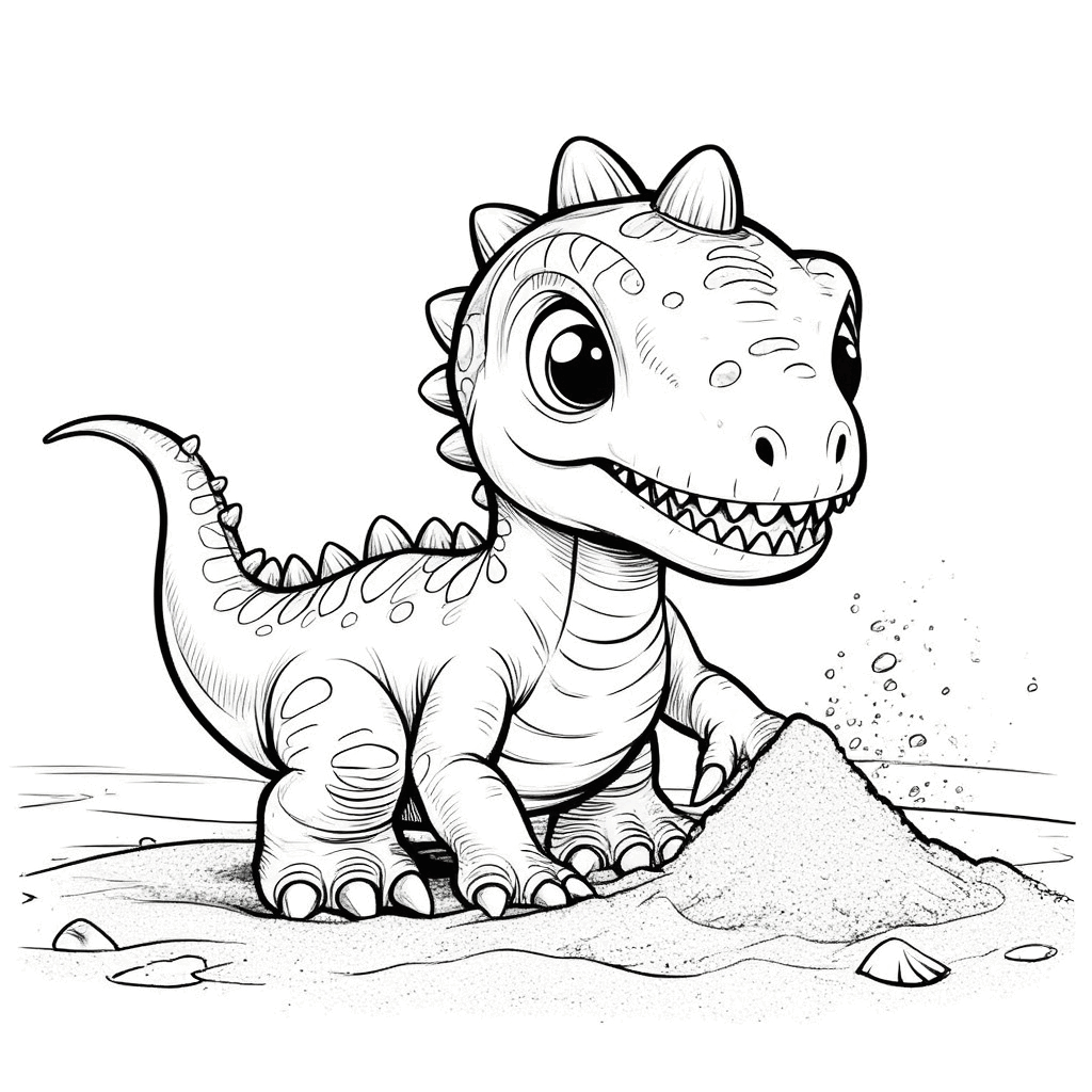 작은 공룡이 모래사장에 쪼그려 앉아 앞발로 모래 공룡을 만들고 있으며, 꼬리가 올라가 있다