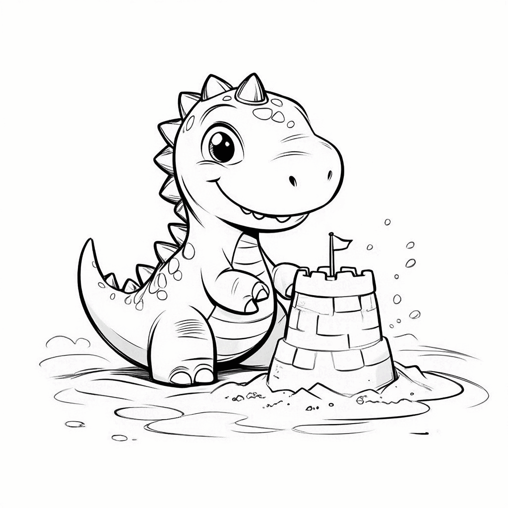 작은 공룡이 해변가에 쪼그려 앉아 발로 모래성을 열심히 쌓으며, 꼬리는 위로 올라간 상태