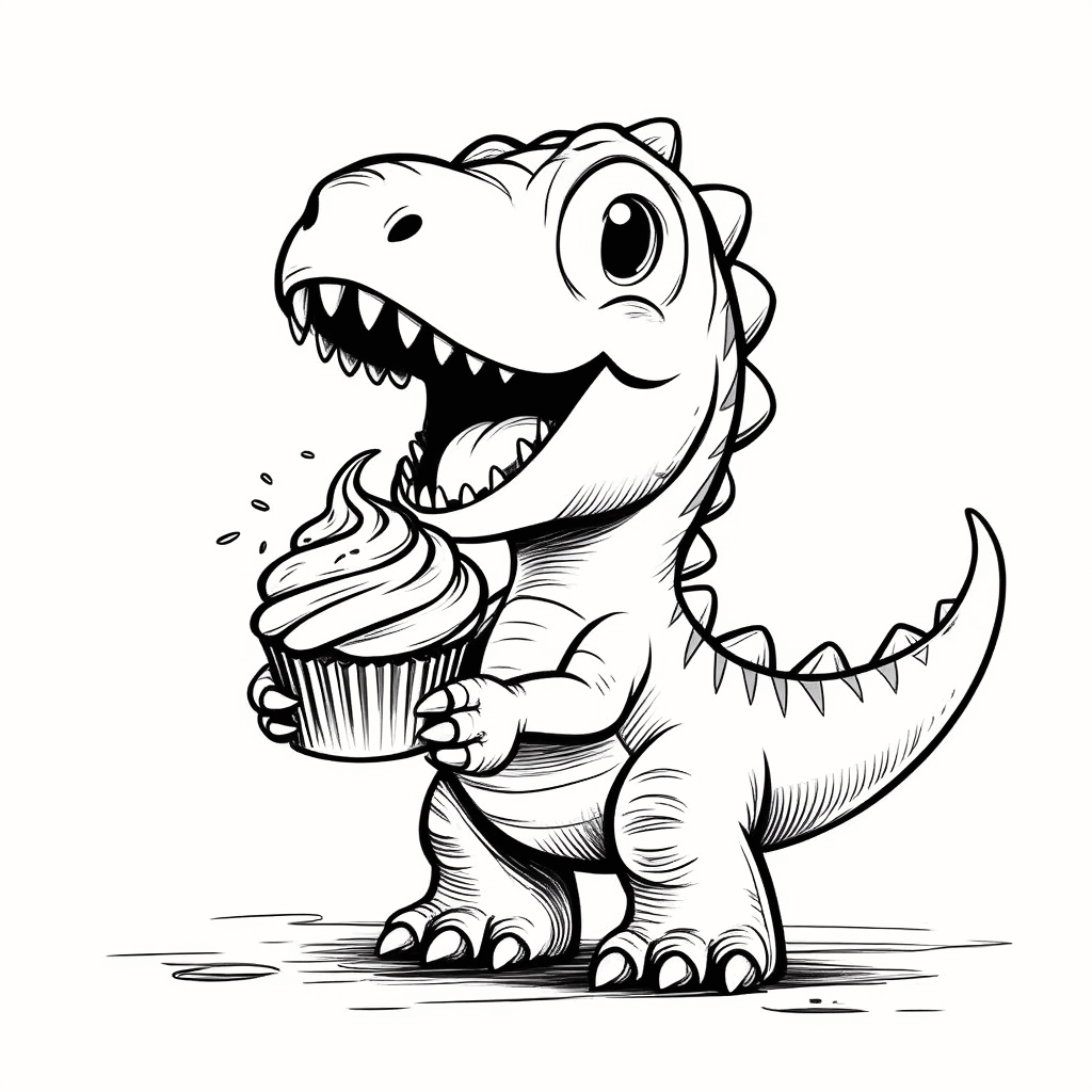 Un dinosaurio sosteniendo feliz un cupcake de colores, con la boca abierta listo para morder