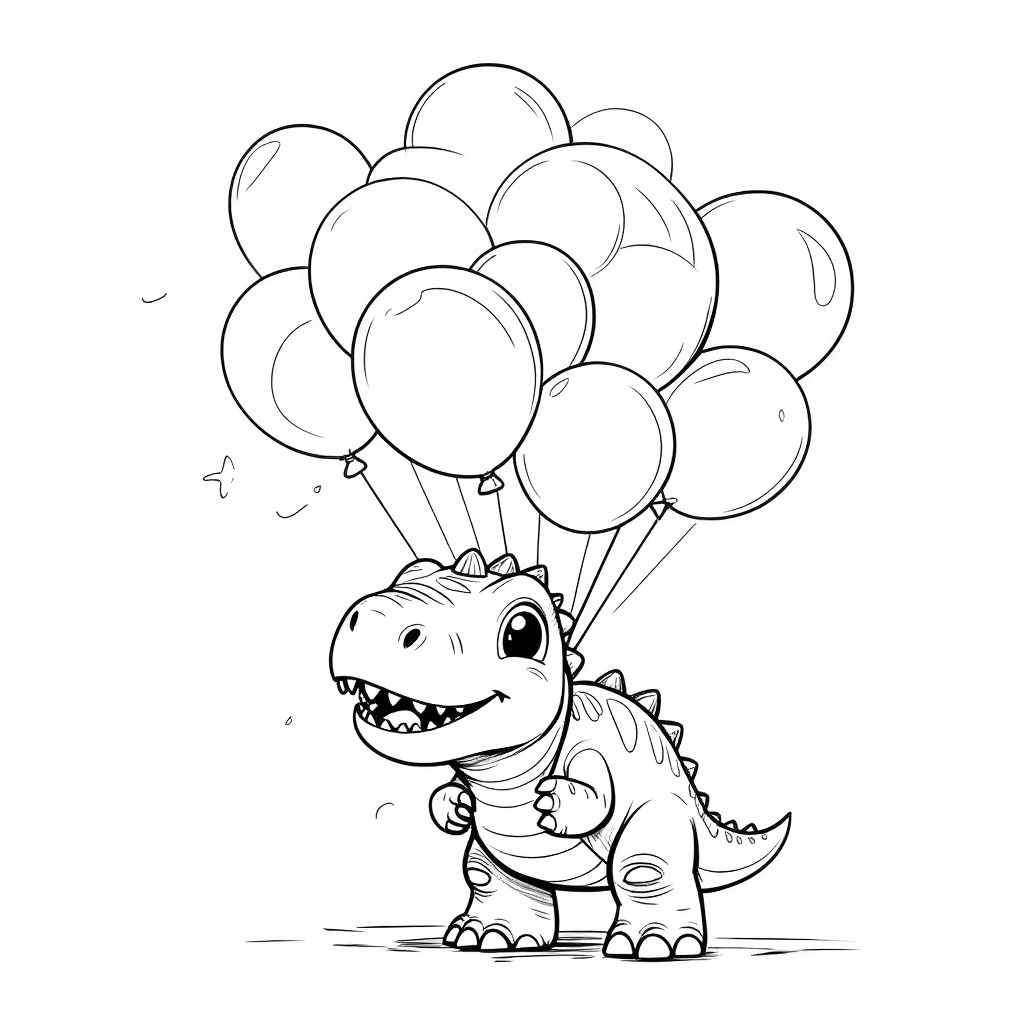 Dinosaurus kecil memegang balon warna-warni, mengambang gembira di udara