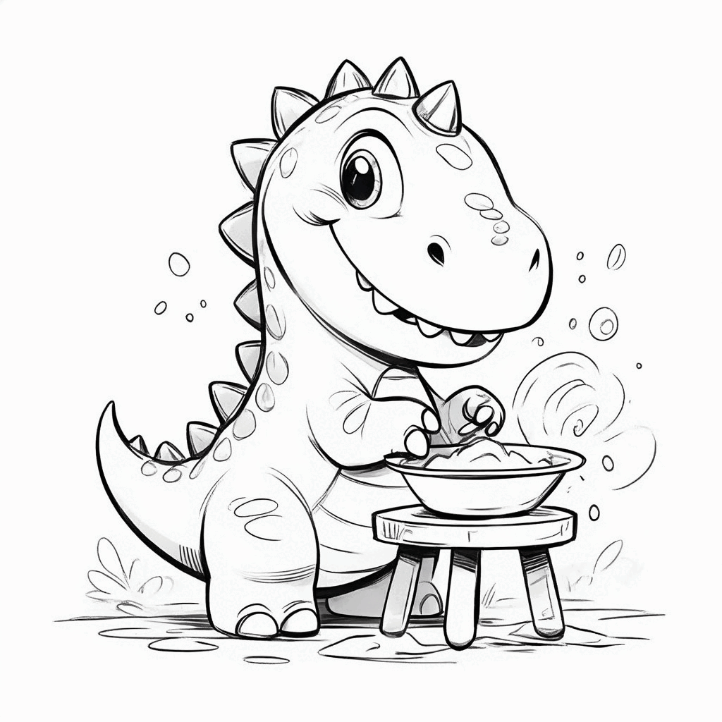 小恐龍踮著腳站在凳子上，用爪子認真擦洗盤子