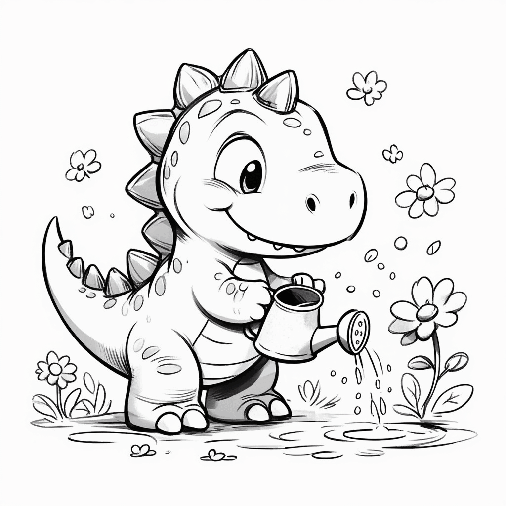 小さな恐竜がつま先立ちでジョウロを持ち、花に水をやりながらしっぽをピンと立てている