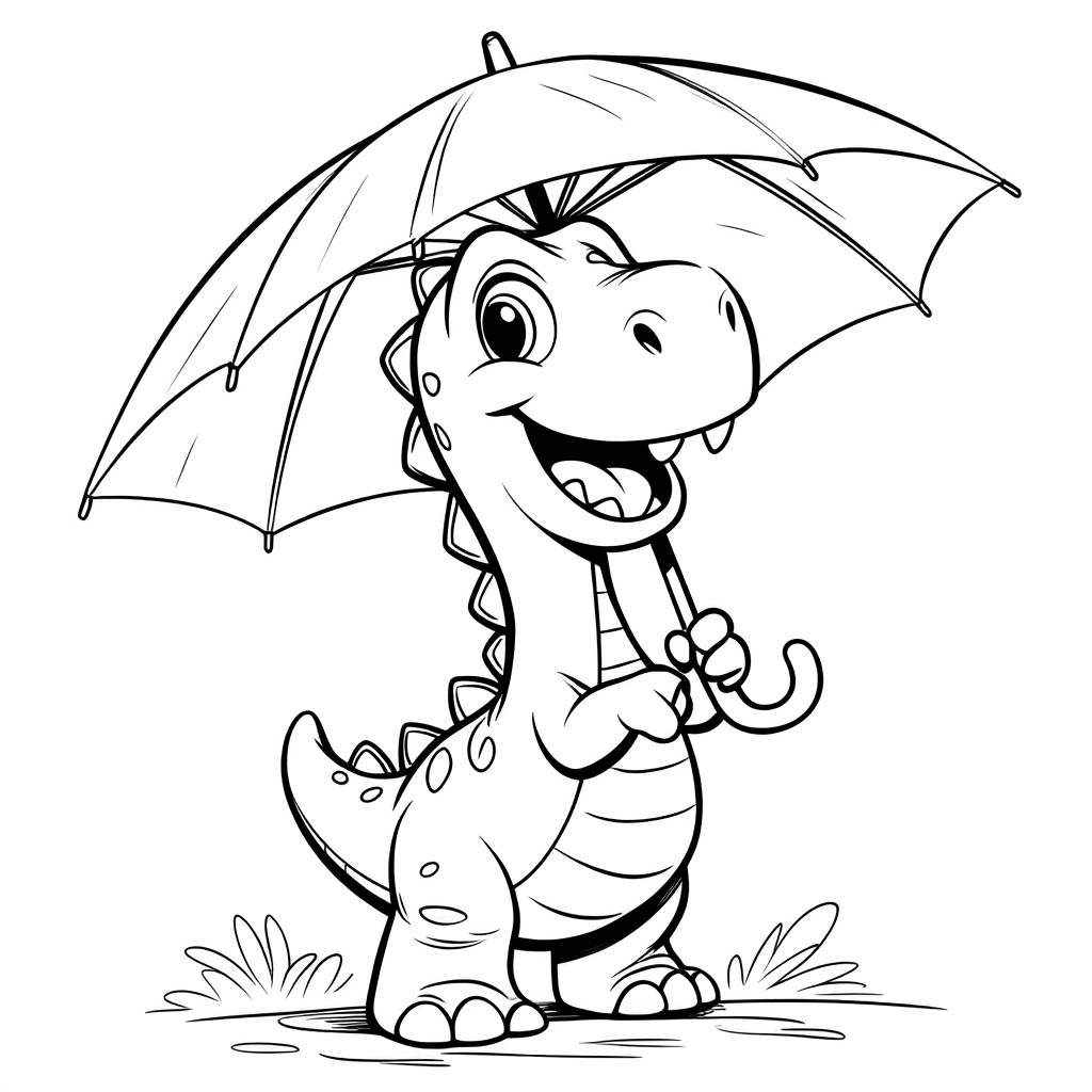 Ein Dinosaurierchen steht auf Zehenspitzen, hält einen kleinen Regenschirm hoch und grinst vergnügt