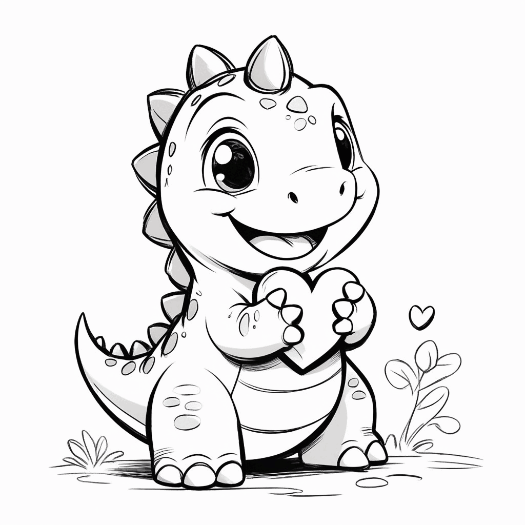 Precioso dinosaurio sosteniendo un corazón con ambas manos, sonriendo con alegría