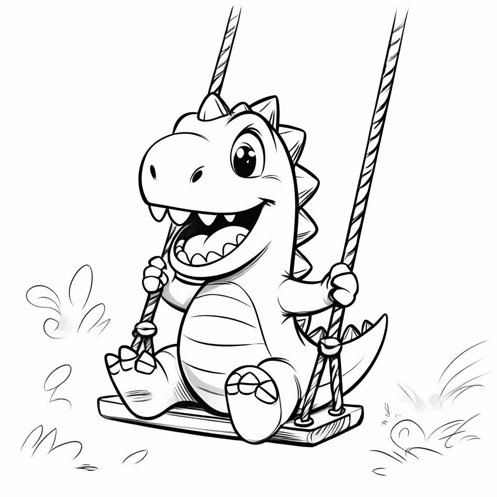 Счастливый динозаврик сидит на качелях, широко улыбаясь с поднятым хвостом