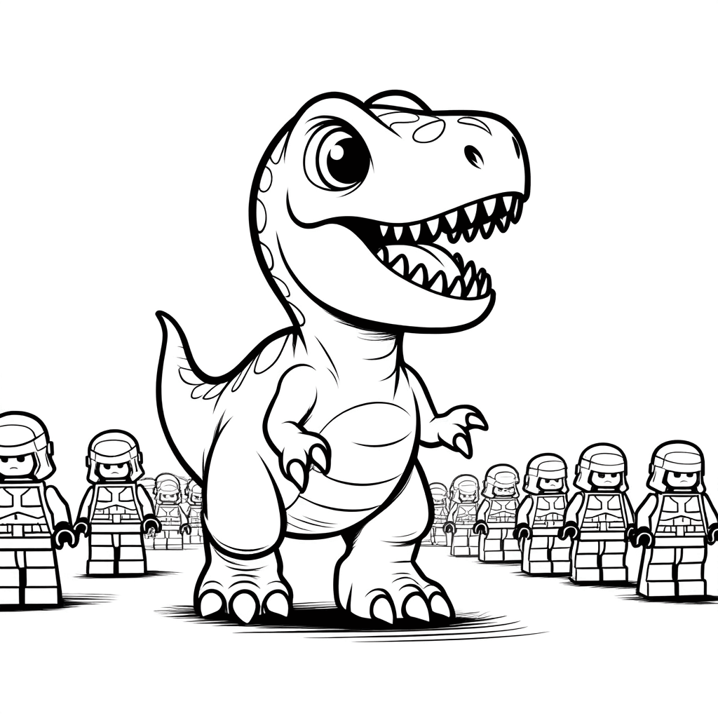 小さな恐竜が胸を張って先頭を歩き、後ろにプラスチックの兵隊玩具が整列してついてきている