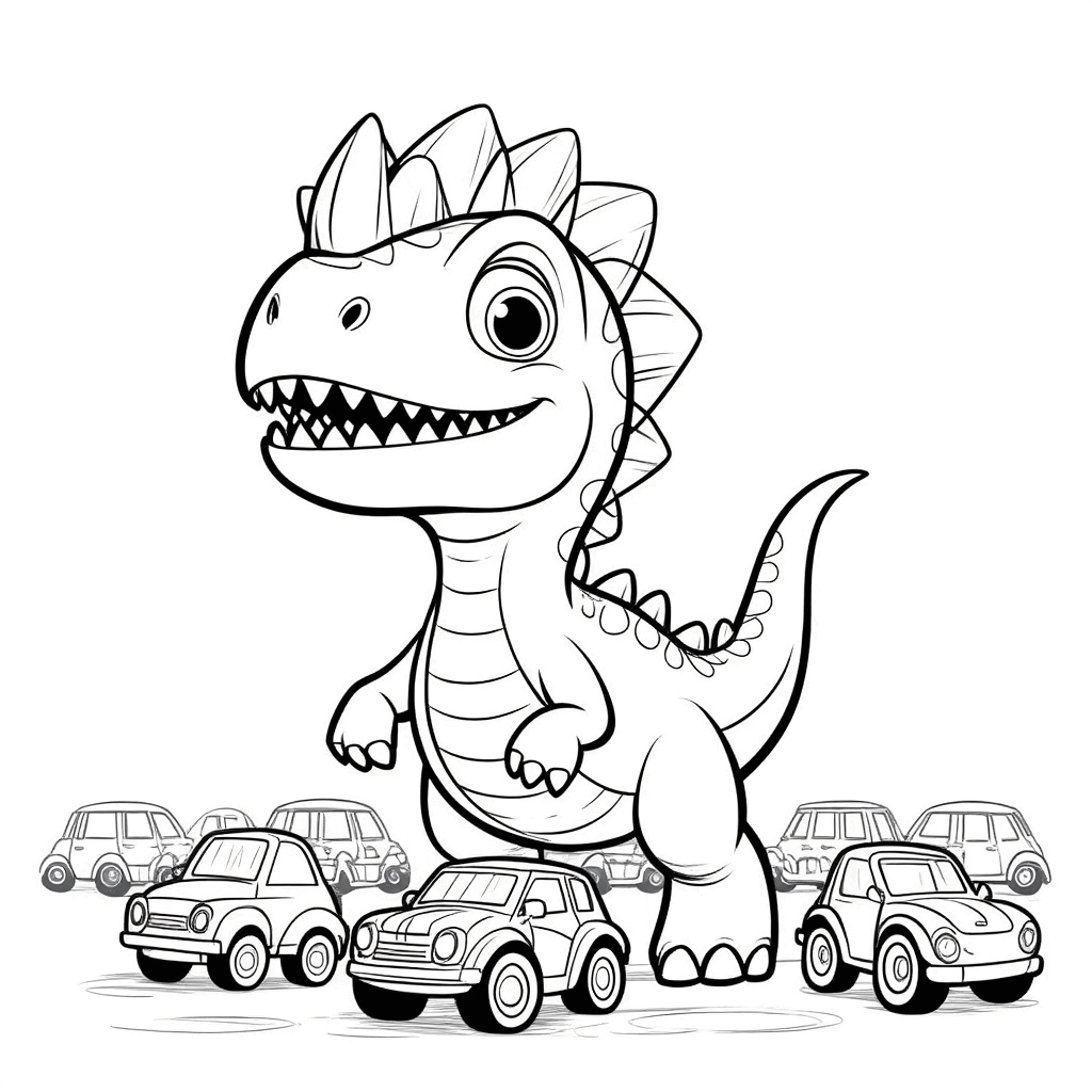 작은 공룡이 당당하게 앞장서 걸어가며 뒤로 장난감 자동차들이 줄지어 따라오고 있다, 표정은 자랑스럽고 자신감 넘친다