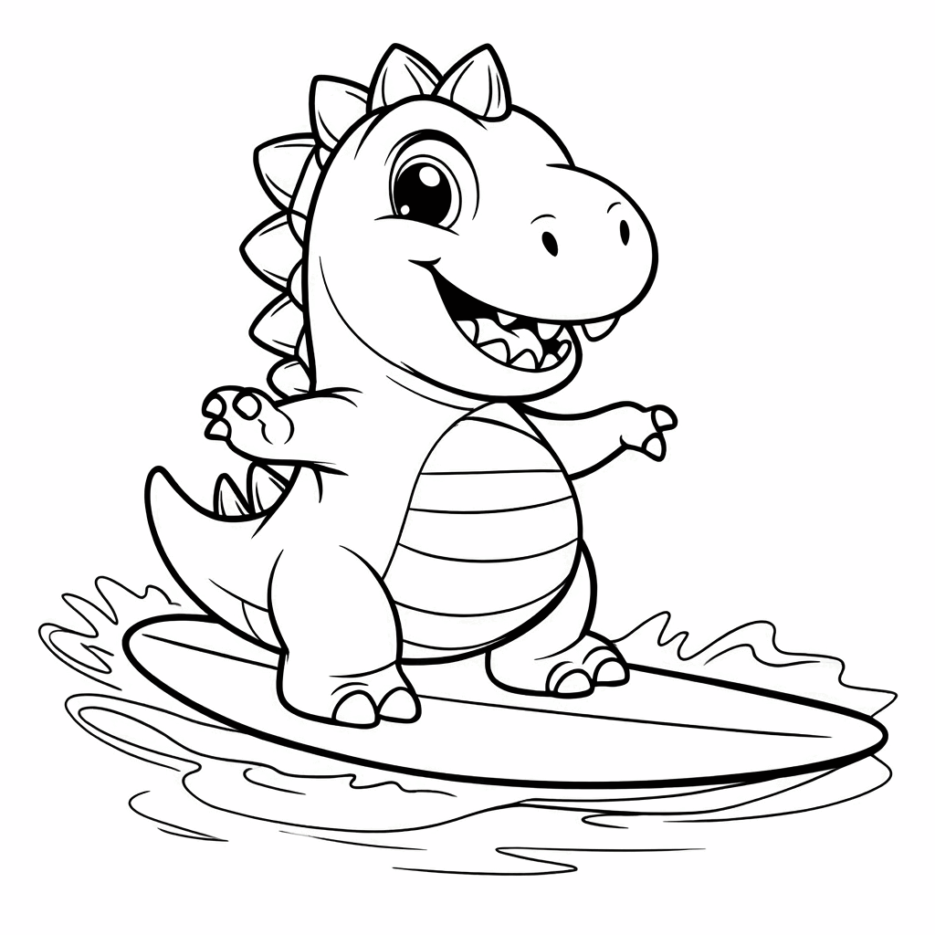 サーフボードの上に立ち、しっぽを上げて前足を振りながら楽しむ恐竜