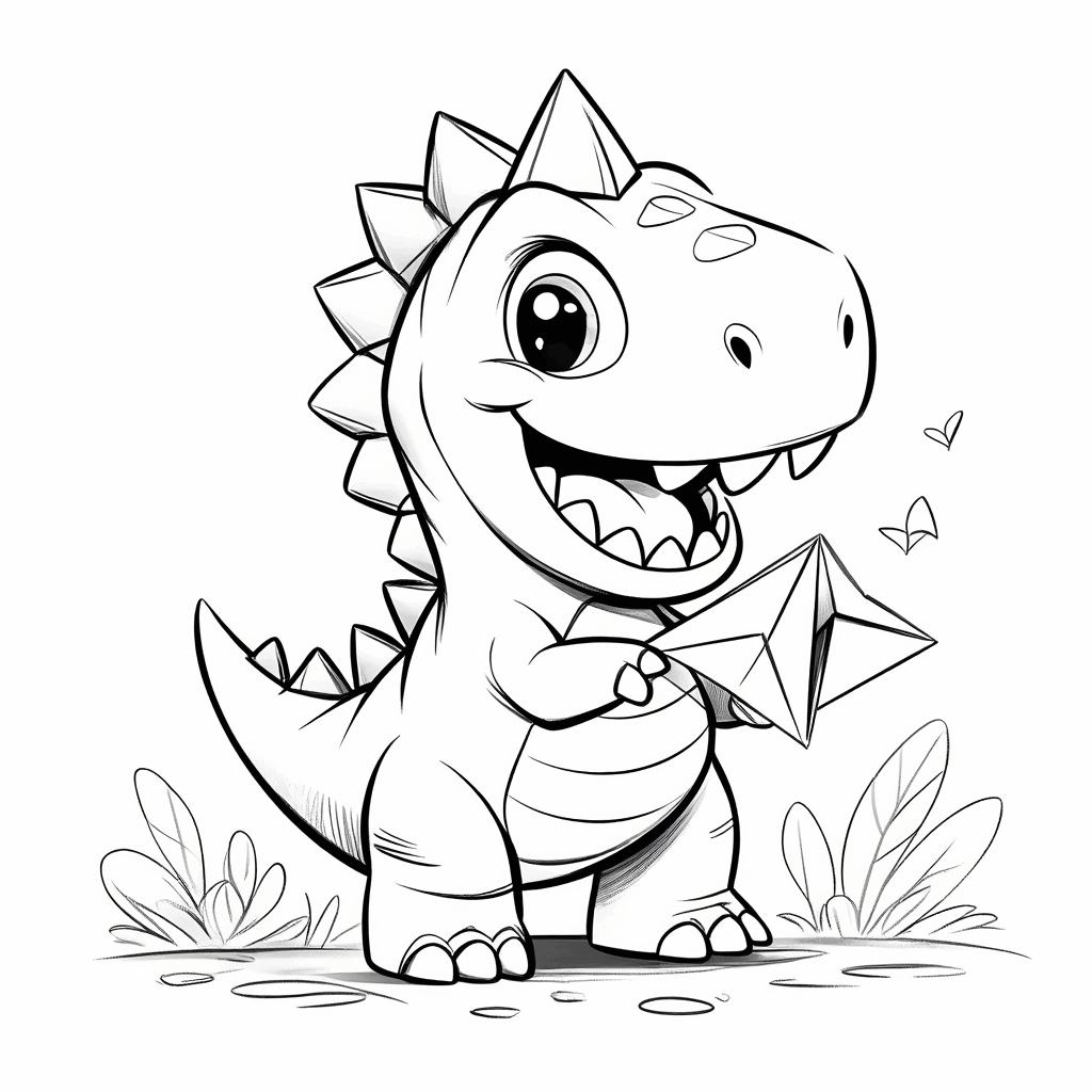 작은 공룡이 앞발로 종이 왕관을 접으며, 즐겁게 입을 벌리고 웃고 있다