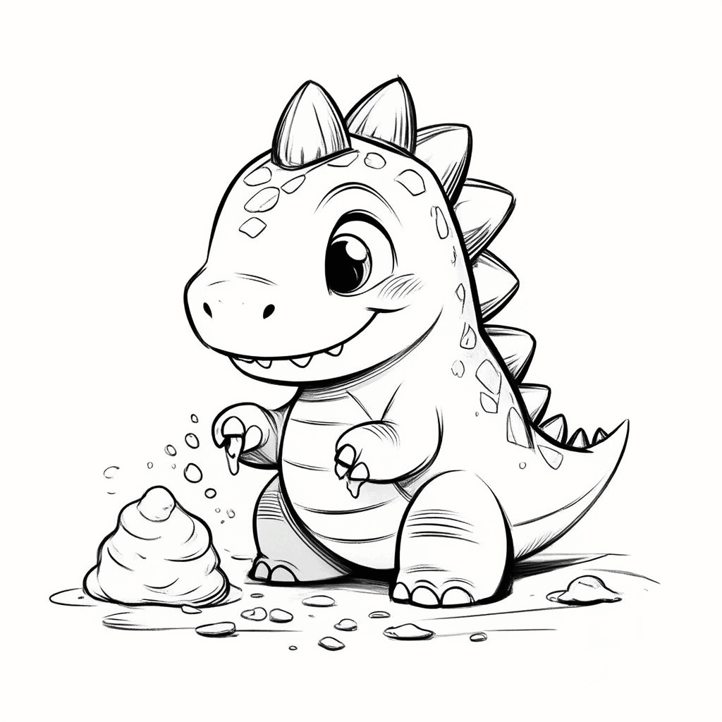 행복한 작은 공룡이 땅에 쪼그려 앉아 발톱으로 진흙을 뭉쳐 작은 진흙 과자를 만들고 있다