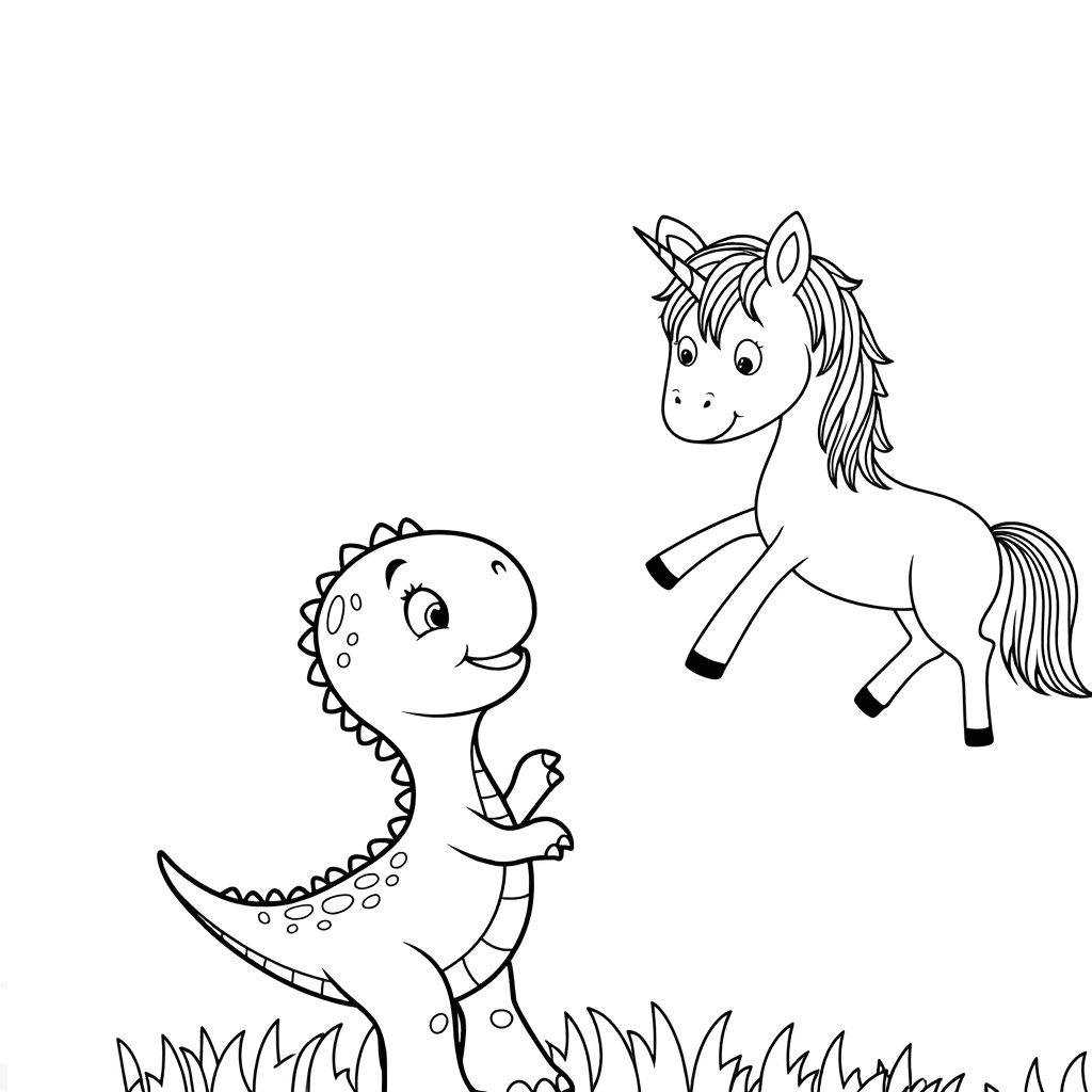 작은 공룡이 고개를 들어 유니콘을 바라보고 있고, 유니콘이 고개를 숙이며 미소를 지으며 앞발을 살짝 들고 있다