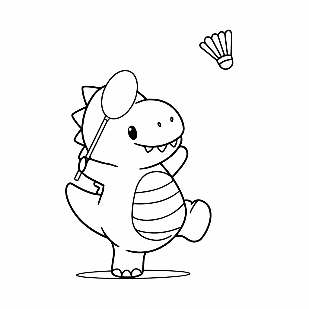 Der kleine Dinosaurier steht auf einem Bein, schwingt den Schläger und spielt Federball, sein Schwanz ist aufgestellt, um das Gleichgewicht zu halten