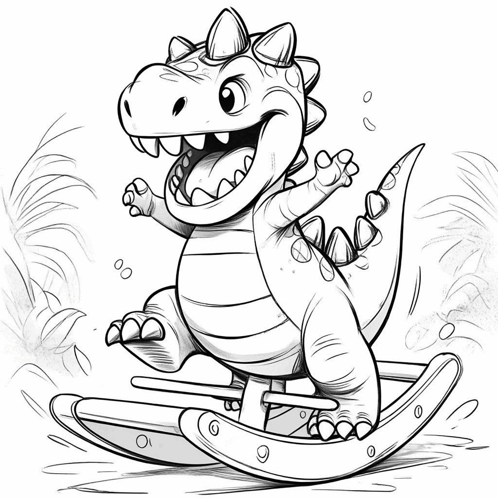 ديناصور صغير يركب على تنين لعبة متأرجح، يمد ذراعيه بسعادة