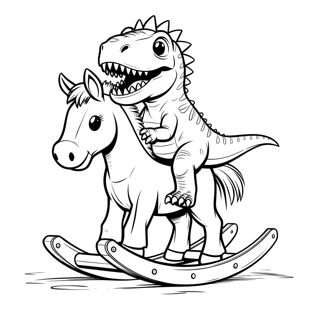 小さな恐竜がおもちゃの木馬に乗り、前足で馬の頭をつかみ、しっぽをピンと立てている