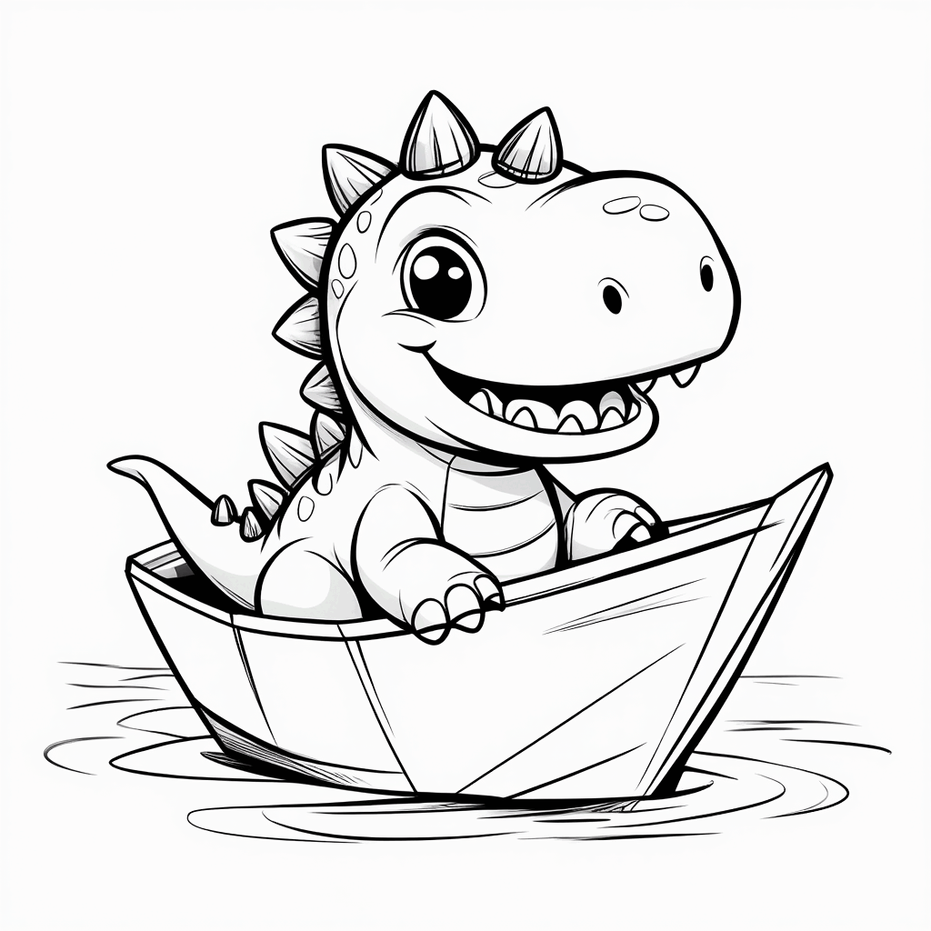 小さな恐竜が楽しそうに折り紙のボートに座り、短い前足で船縁をつかみ、尾を立てている