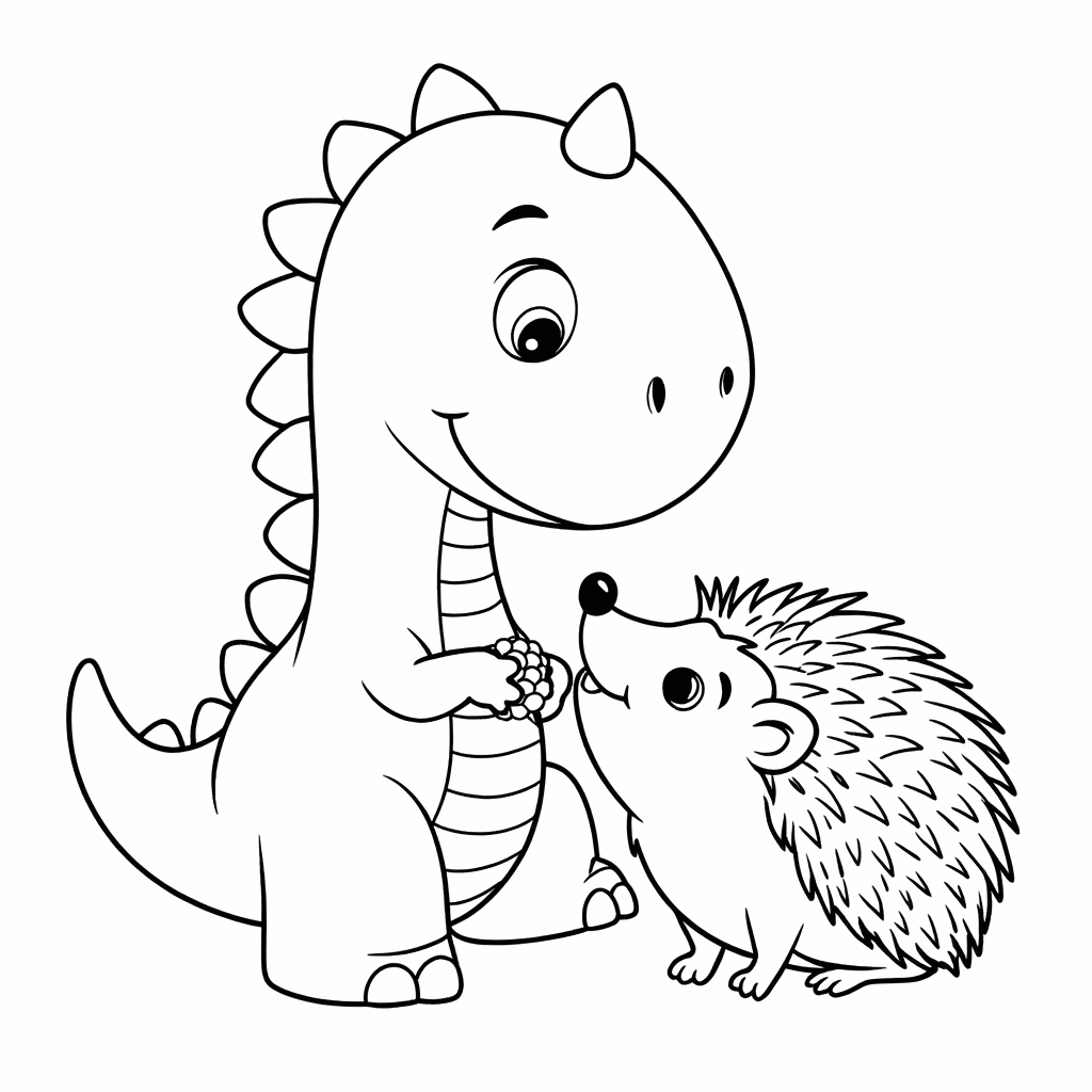 Bir küçük dinozor başını eğmiş, pençesiyle meyve tutarak yukarı bakan bir kirpiye yemek veriyor