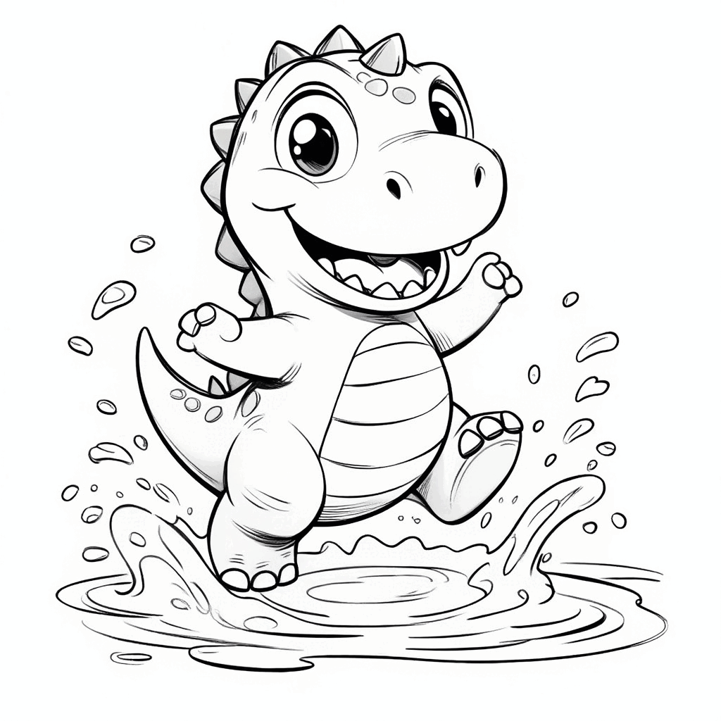 快樂的小恐龍在彩虹水坑裡蹦跳，水花四濺